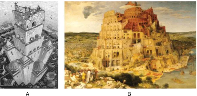 Figura 1  –  A torre de Babel interpretada por (A) Maurits Escher (1928) e por (B) Pieter Bruegel (1563)