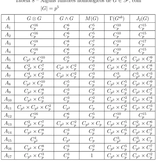 Tabela 8 – Alguns funtores homológicos de G ∈ P , com |G| = p 5 A G ⊗ G G ∧ G M (G) Γ(G ab ) J 2 (G) A 1 C p 16 C p 6 C p 5 C p 10 C p 15 A 2 C p 16 C p 6 C p 5 C p 10 C p 15 A 3 C p 18 C p 8 C p 7 C p 10 C p 17 A 4 C p 16 C p 6 C p 5 C p 10 C p 15 A 5 C p