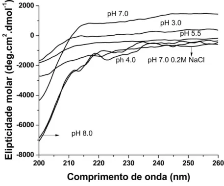 Tabela 3  –  Porcentagem de estrutura secundária da  α -amilase recombinante nos  pHs 3,0; 4,0; 5,5; 7,0; 8,0 e 7,0 com NaCl 0,2 M  na temperatura de 25ºC