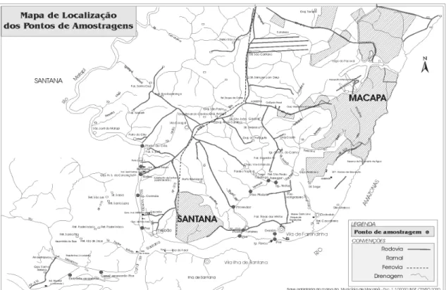 Figura 1- Mapa da região estudada, indicando os 15 pontos de coleta no período de setembro de 1999 a setembro de 2002