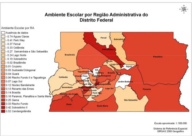 Figura 7: Mapa – Ambiente Escolar por Região Administrativa do Distrito Federal 50 Fonte: Organizado por Kunz; Daldegan, 2014 (a partir de dados do INEP) 