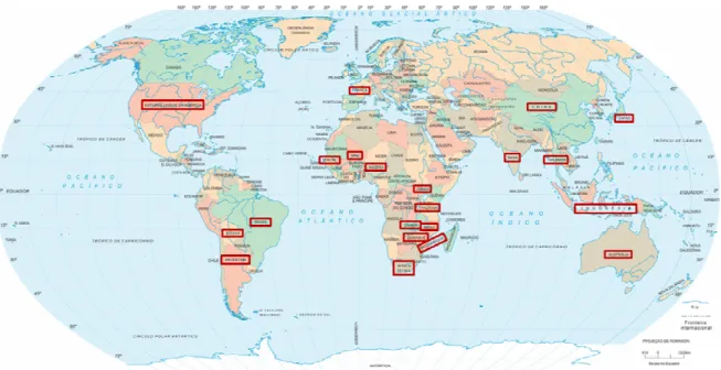 Figura 9 – Países que possuem programas de melhoramento de amendoim no mundo. Adaptada de  http://www.guiageo-mapas.com/mapa-mundi.htm