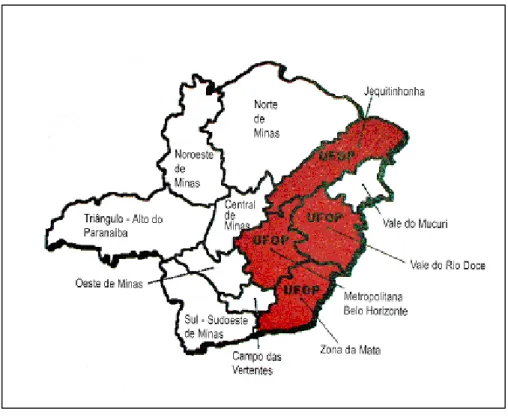 Figura 2:   Mesorregiões do Estado de Minas Gerais, onde a UFOP se encontra presente com o curso de Licenciatura em Educação Básica  –  Anos      Iniciais, Modalidade a Distância.