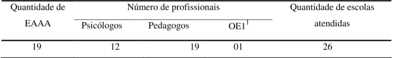 Tabela 3 – Síntese da configuração das EAAA de Samambaia no ano de 2007 Número de profissionais  