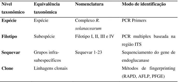 Tabela 2.  Classificação para Ralstonia solanacearum baseado no genótipo (Fegan &amp; Prior,  2005)