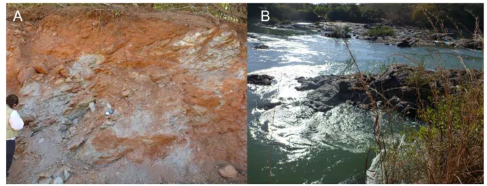 Figura 10 - a) afloramento em corte de estrada; b) afloramento Ibiá ás margens do Rio Piracanjuba