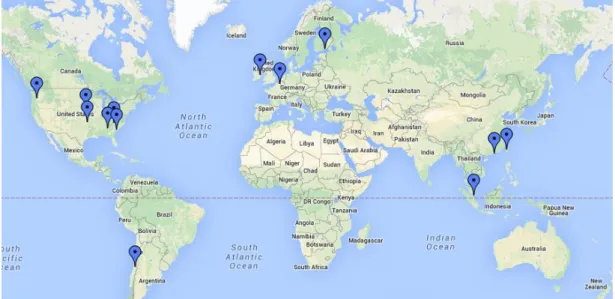 Figura 2.8: Os centros de dados do Google constituem uma rede difundida ao longo da América do Norte, América do Sul, Europa e Ásia [42].