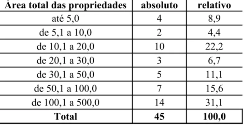 Tabela 4.2 - Classes de área total das propriedades por quantidade de produtores.