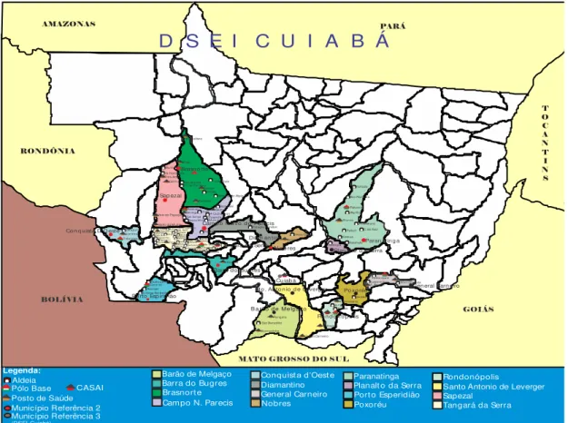 Figura 3 - Distribuição geográfica das etnias do DSEI Cuiabá, 2012 Fonte: DSEI Cuiabá/Setor Informação/2012.