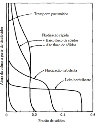 Figura 6  –  Perfis qualitativos da fração de sólidos numa coluna de fluidização. Adaptado de [63]