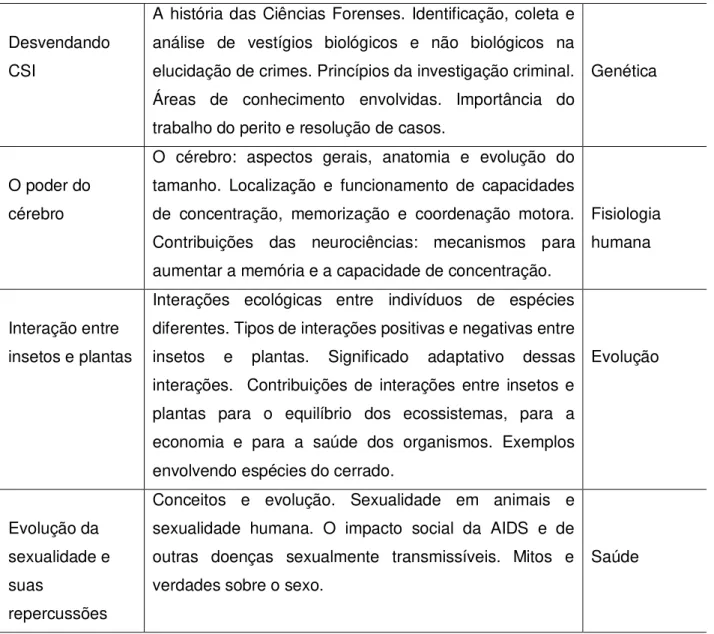 Tabela 2: Temas, ementas e áreas de concentração dos minicursos ofertados em 2013. 