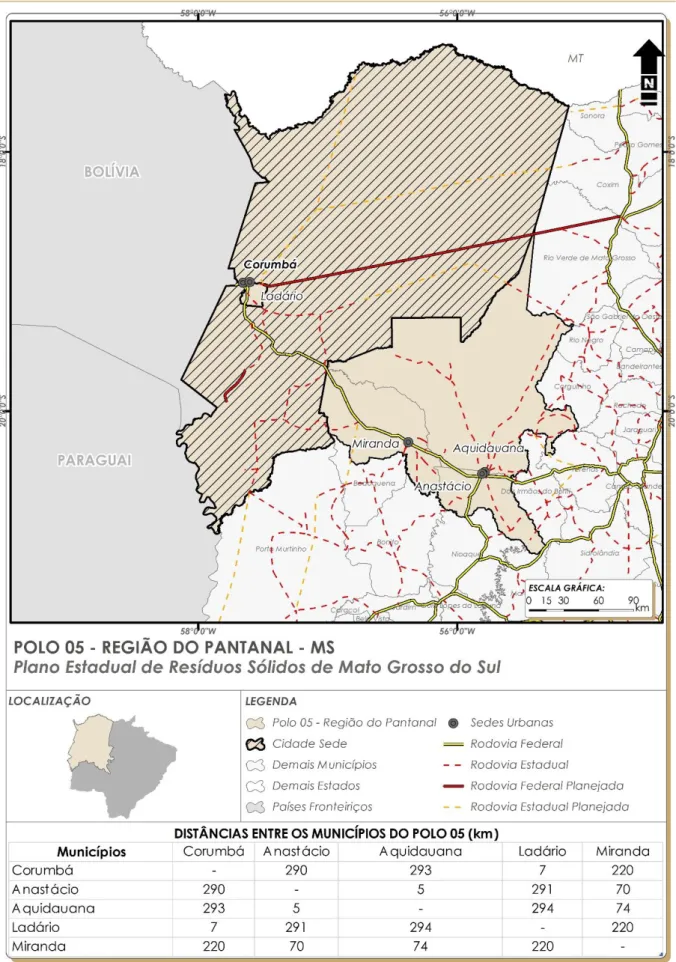 Figura 2 – Municípios integrantes do Polo 05 – Região do Pantanal e distâncias intermunicipais