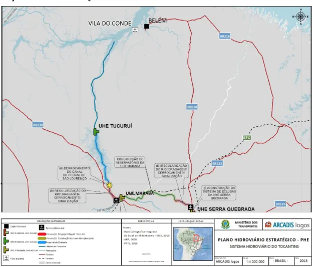 Figura 5-2 -  Eixo de Empreendimentos no rio Tocantins, trecho Vila do Conde-PA - Marabá-PA  até jusante UHE-Serra da Quebrada 