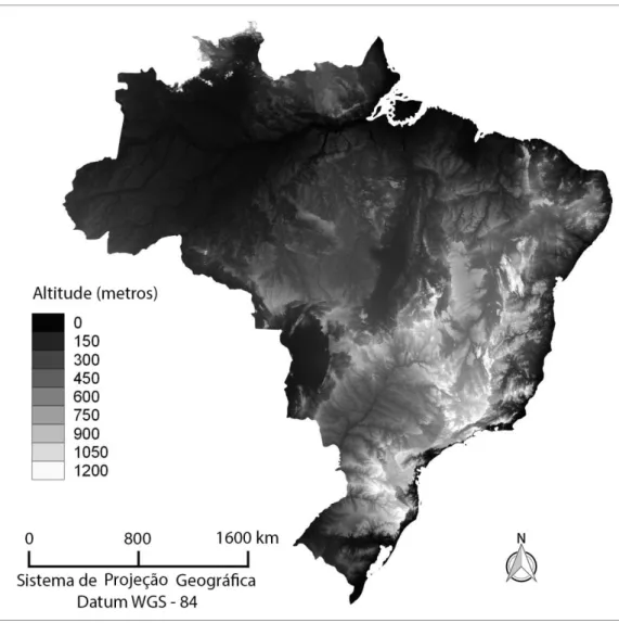 Figura 4: Modelo Digital de Elevação do Brasil, reamostrado da resolução de 0,002778º para  10’’ de arco de latitude e longitude (~30m) utilizado para a derivação da clinografia e direção  das vertentes para os 809 quadrante