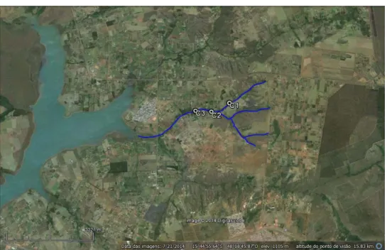 Figura 2.  Localização geográfica dos pontos de coleta C1, C2 e C3 no Córrego Capão Comprido