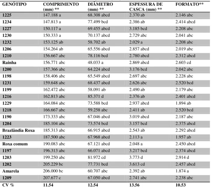 Tabela 5. Comprimento médio, diâmetro médio, espessura média da casca de raízes e notas médias de 1 a 5 para  formato de raízes de 25 clones de batata-doce