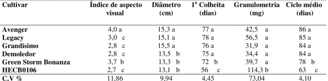 Tabela 4. Índice de aspecto visual das inflorescências (em escala de notas variando de 1 a 5