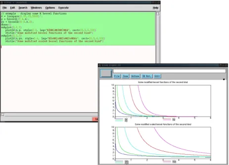 Figura 3.2: A fun¸c˜ao K de Bessel, besselk. O exemplo apresentado no help da fun¸c˜ao ´e copiado para o editor SciPad, selecionado e executado atrav´es da sub-op¸c˜ao Evaluate Selection Ctrl+y da op¸c˜ao Execute .