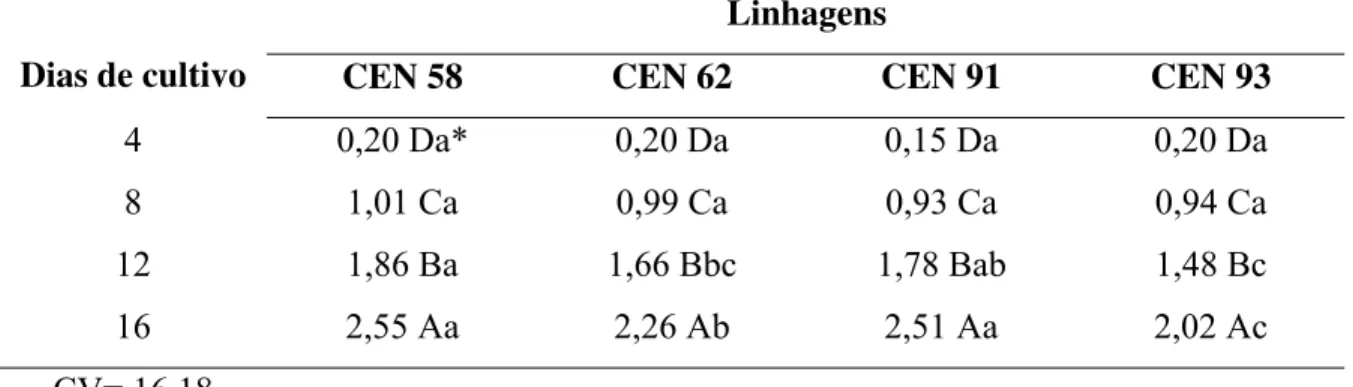 Tabela 3. Diâmetro médio das colônias de linhagens de Dicyma pulvinata em diferentes  períodos de cultivo (dias)