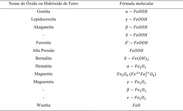 Tabela 2.1 -Nomenclatura dos óxidos e hidróxidos de ferro. 21