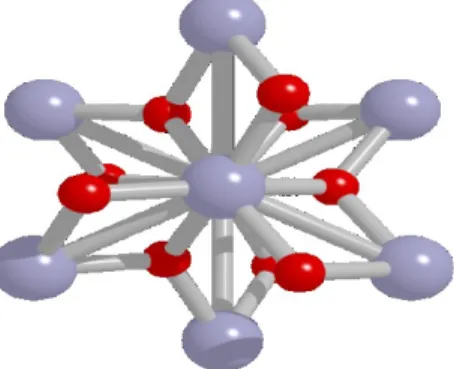 Figura 2.2 - Estrutura de uma unidade da Hematita. As esferas em vermelho e cinza representam os íons  de Ferro e Oxigênio, respectivamente