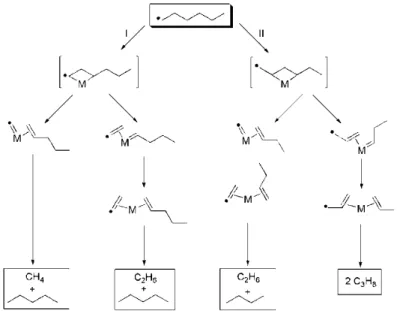 Figura  14:  Esquema  do  mecanismo  de  hidrocraqueamento  de  hexano  na  superfície  do  catalisador – Adaptada de Ivanova, 1996 58 