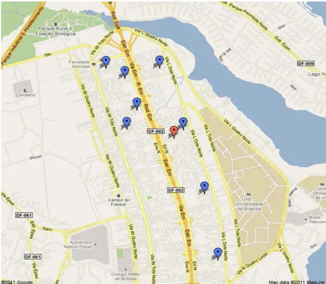 Figura  1.  O  ponto  em  laranja  representa  a  Escola  Parque  210/211  Norte.  Os  pontos em azul  representam o conjunto de escolas que possuem convênio com  esta Escola Parque
