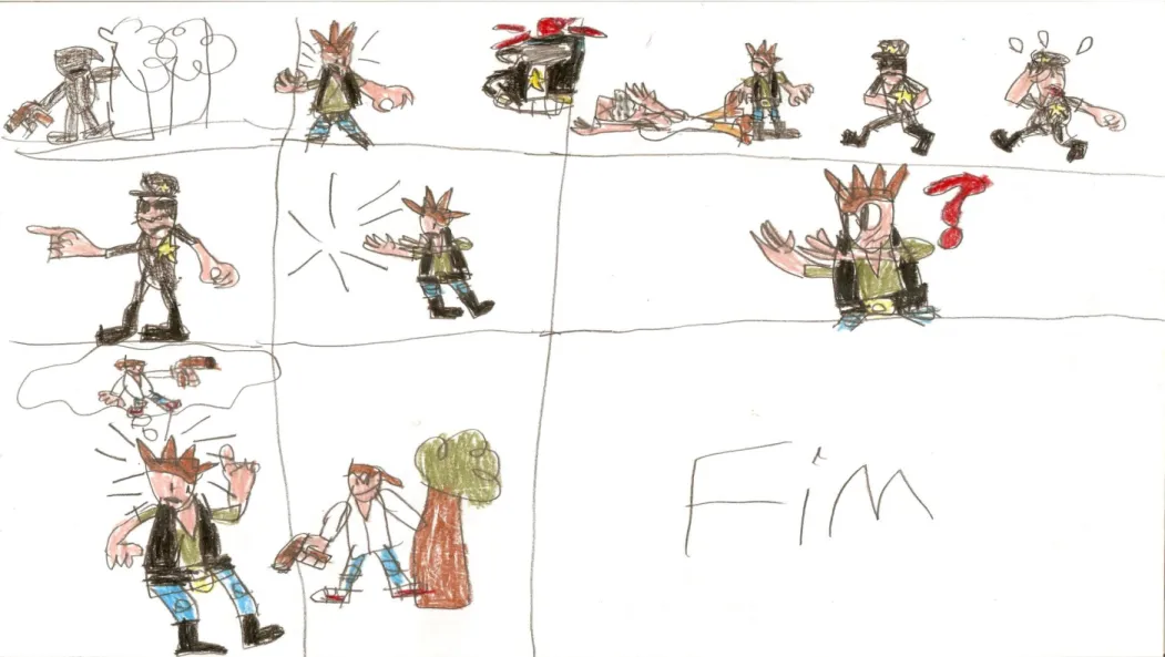 Figura 8. Sequência do storyboard produzido por um menino, ilustrando o roteiro escolhido para a filmagem