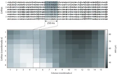 Figura 3.2: Mapa de S-EMG em tons de cinza criado com valores de intensidade calculados a partir de um sinal experimental, gravado sobre o músculo gastrocnêmio durante flexão plantar isométrica