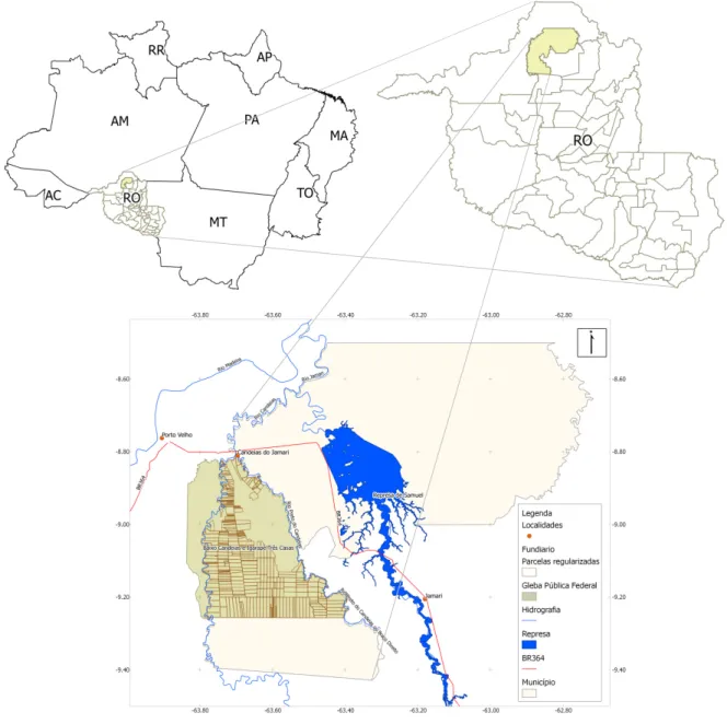 Figura  2.1  –  Situação  geográfica  das  parcelas  georreferenciadas,  sendo:  (a)  os  limites  da  Amazônia Legal, (b) limite do estado de Rondônia e localização do município de Candeias do  Jamari e (c) localização das parcelas na área de estudo