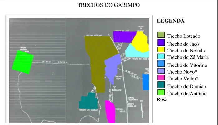 Figura 4.2 Trechos do garim DNPM (1984). demarcadas pelo 2008. 4.2.2 Delimitação da área Na intenção de garimpagem em trechos: (T Maria,Trecho do Jacó,Trecho Novo*