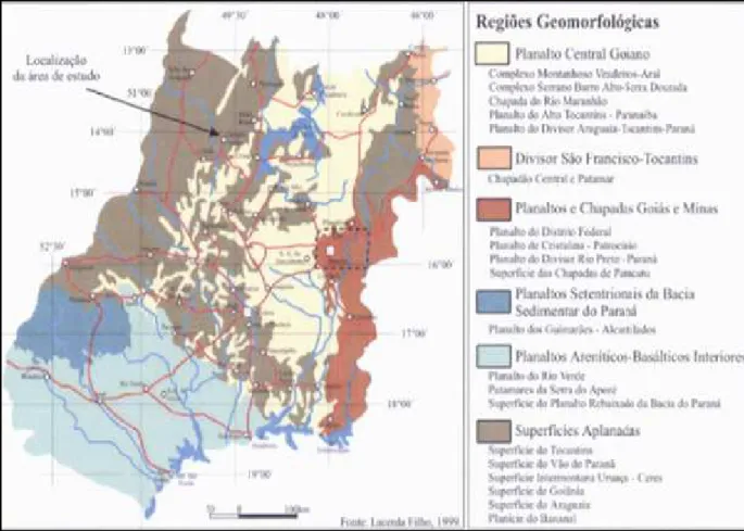 Figura 4.5 – Mapa geomorfológico do Estado de Goiás e localização da área de estudo.