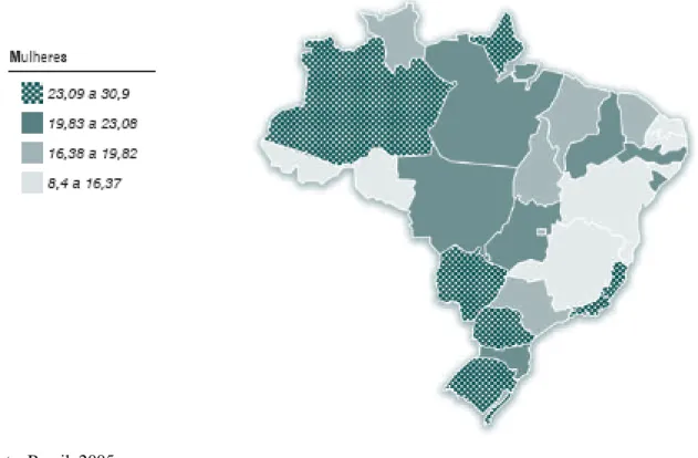 Figura  2  -  Representação  espacial  das  taxas  brutas  de  incidência  por  100.000  mulheres,  estimadas  para  o  ano  2006,  segundo  a  Unidade  da  Federação  (neoplasia  maligna  do  colo  do  útero)