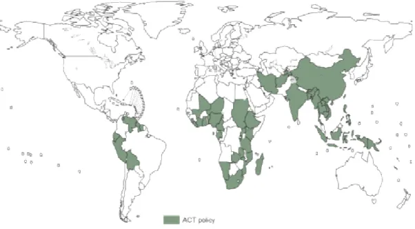 FIGURA 7 – Países que incluem artemisinina, baseada na terapia combinada antimalárica,  na política de tratamento, desde 2004