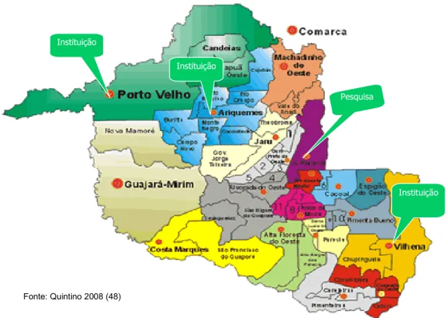 Figura 1: Municípios do Estado de Rondônia que possuem Instituições. 