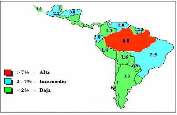 Figura 5:  Prevalência da hepatite B na América Latina. 