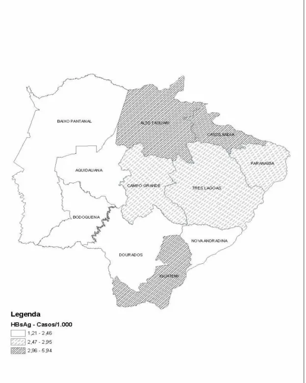 Figura 8:  Prevalência da positividade de HBsAg em gestantes por microrregiões  do Estado de Mato Grosso do Sul