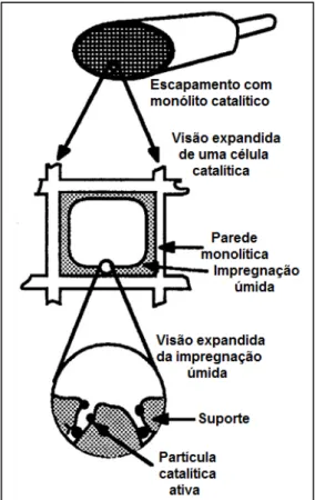 Figura 4. Corte transversal do filtro catalítico com visão expandida da parede  que mostra a fase ativa por impregnação úmida [adaptada da referência 27]
