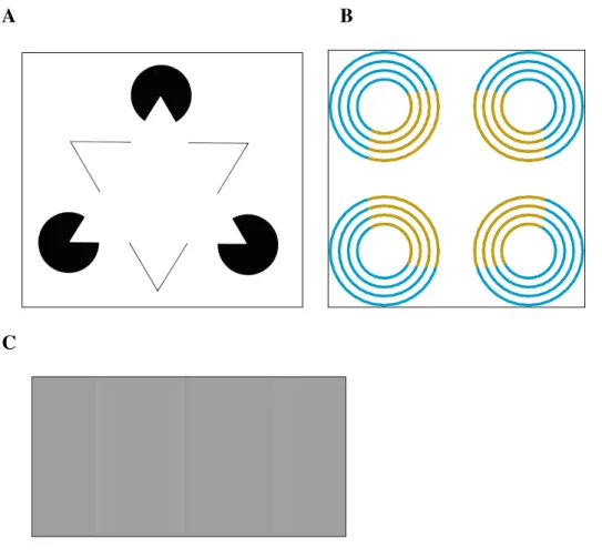 Figura  1:  Exemplos  de  preenchimento  perceptual:  Triângulo  de  Kanizsa  (http://www.optical- (http://www.optical-illusions.info/Kanizsa_illusion.htm), no qual a imagem completa do triângulo é induzida pelos vértices  (A); 