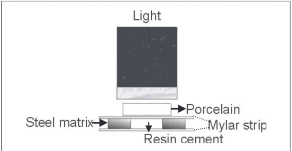 Figure 1. Diagram of the experimental set-up used for polymerization of resin cement through a porcelain  disc.