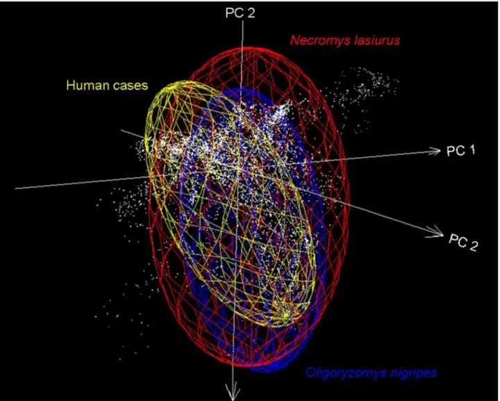 Figure 3.  Visualization of niches of hantavirus in rodents and humans.  White points indicate environments in the study area (background)