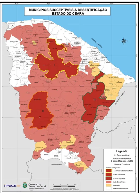 Figura 1 – Localização dos núcleos de desertificação apontados pelo Programa de Ação Estadual de Combate a Desertificação e Mitigação dos Efeitos da Seca