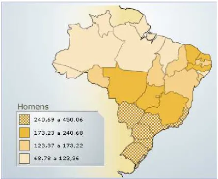 FIGURA 14 - Representação espacial das taxas brutas de incidência por 100 mil homens,  estimadas para o ano de 2008, segundo a Unidade da Federação (todas as neoplasias,  exceto as de pele não melanoma)
