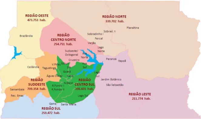 Figura 2 - Regiões de Saúde do DF. Dados populacionais por Região do PDR - 2012. 