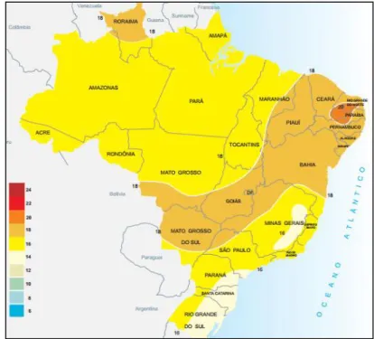 Figura 2.10 – Radiação solar global diária, média anual do Brasil. 