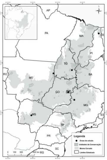 Figura 1. Localização das seis áreas de cerradão amostradas ao longo do bioma  Cerrado