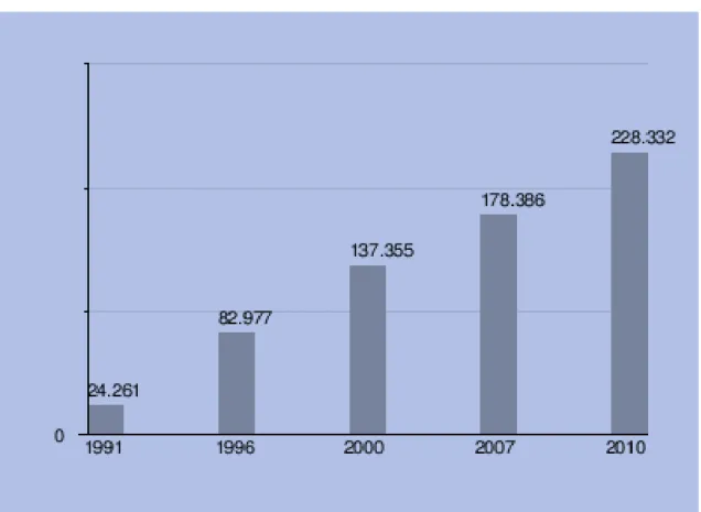 Figura 3 - Evolução Populacional de 1991 a 2010, segundo IBGE, 2012 