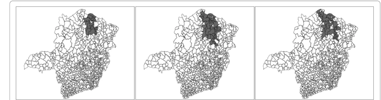 Figure 10 Most likely clusters found by GC, NC and DN algorithms, from left to right, respectively.