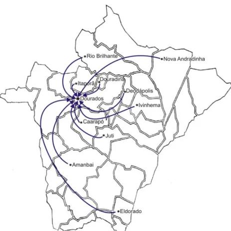 Figura 2. Mapa com distribuição espacial do deslocamento das gestantes dos seus municípios de  residência para Dourados/MS