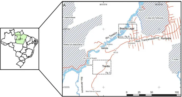 Figura 2: Localização da área de estudo no oeste do estado do Pará: Fig. A – detalhamento da região do Médio  Tapajós